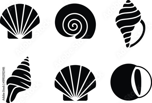 A set of six stylized black seashell and snail shell icons on a clean white background