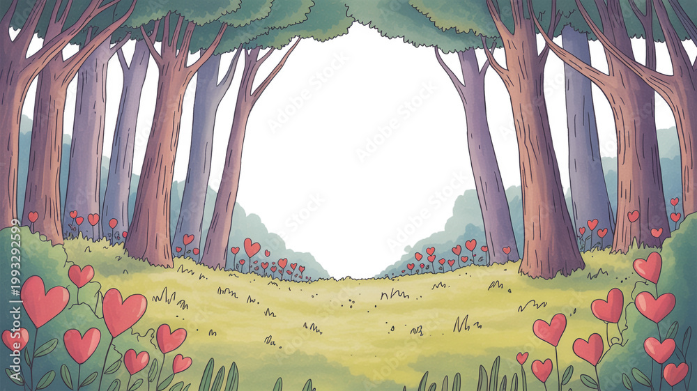 Fototapeta premium Whimsical forest scene with trees and heart-shaped flowers in a cartoon style woods nature