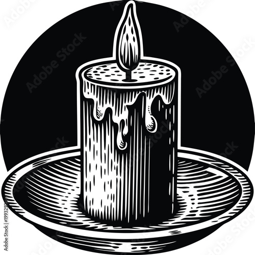 Black and white candle icon, burning wax illustration, melting dripping candle, vector illustration