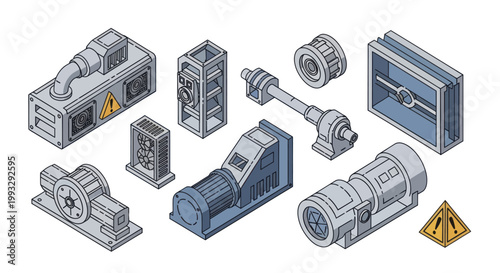 Isometric Industrial Machinery and Equipment Collection for Manufacturing.