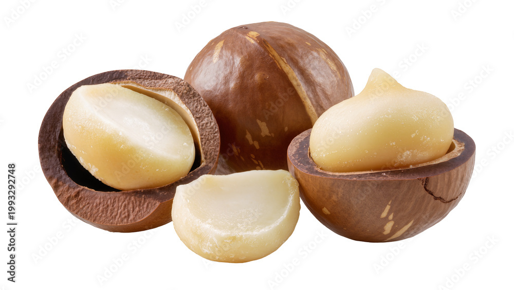 Fototapeta premium Whole and Halved Macadamia Nuts Displayed in a Group