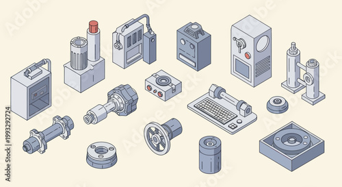 Isometric Industrial Parts and Manufacturing Components Collection.