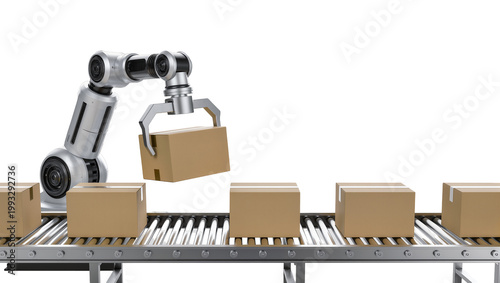 Industrial robotic arm picking brown cardboard boxes on conveyor belt