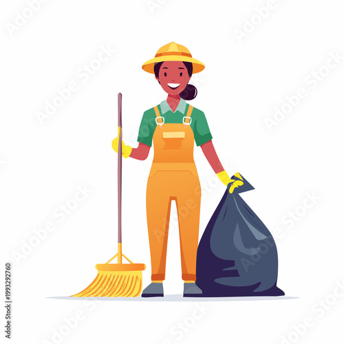 Woman Cleaner with Broom and Trash Bag
