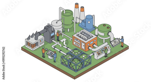 Isometric Industrial Plant with Green Energy Focus.