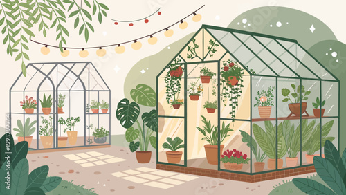 Cozy greenhouse garden illustration with potted plants and string lights