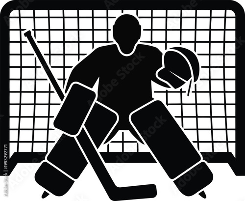 A solo ice hockey goaltender in protective gear sits ready in front of a goal net