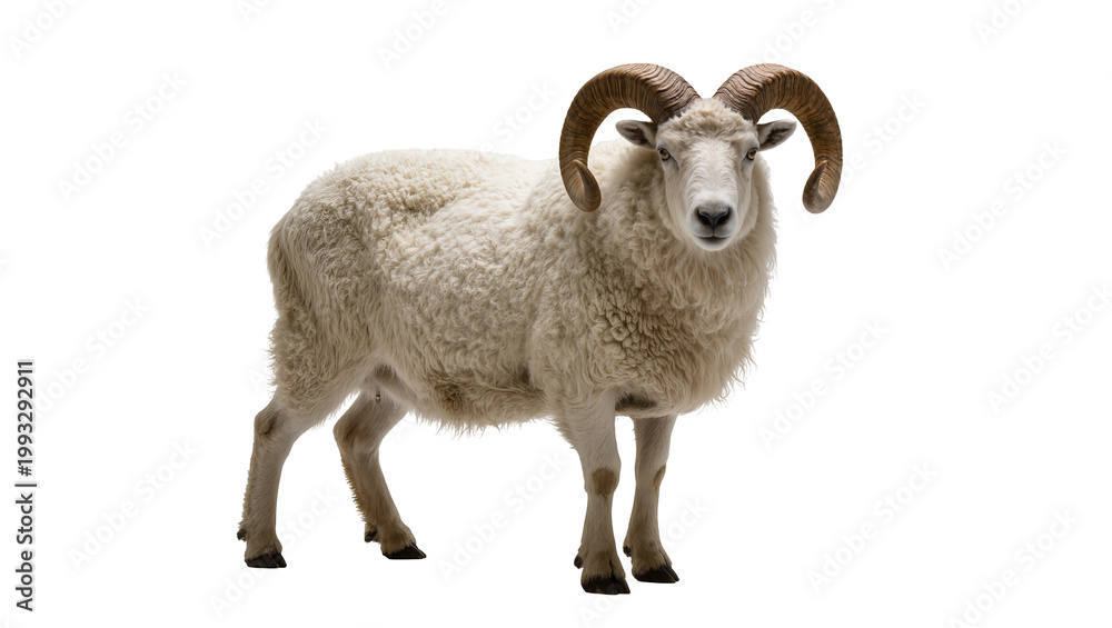 Fototapeta premium Fluffy White and Brown Ram with Curved Horns Standing