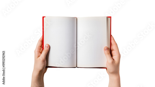 Fotografie Human hands holding open hardcover book with red spine and blank pages
