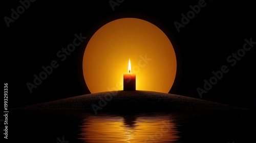 A lone candle burns brightly on a dark landscape, its flame reflecting in the still water, creating an atmosphere of solemnity and hope.