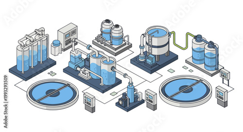 Isometric Water Treatment Plant with Purification and Filtration Systems.