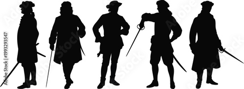 A striking row of five historical male silhouettes dressed in period clothing and holding swords standing upright