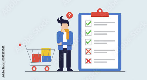 Man Standing Next to Shopping Cart and Checklist with Confused Expression.