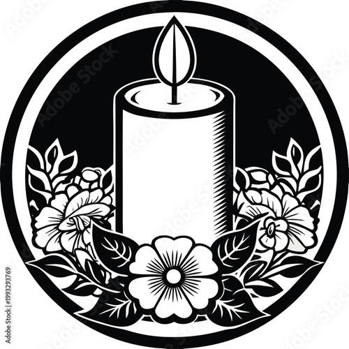 Black and white candle icon, floral wreath, vector logo, monochrome illustration, candle flame