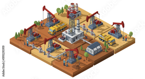 Oil drilling rig and pumpjacks in an industrial landscape.