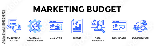 Marketing Budget  Banner Web  Icon Set Collection Pack Vector Illustration Concept Containing Marketing Budget, Campaign Management, Analytics, Report, Data Analytics, Dashboard, Segmentation