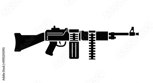 Black machine gun silhouette with ammunition belt on white background flat illustration