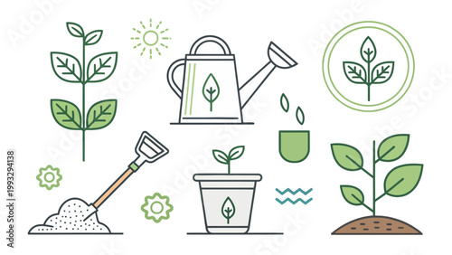 Set of gardening icons with plants, watering can, shovel, and pot