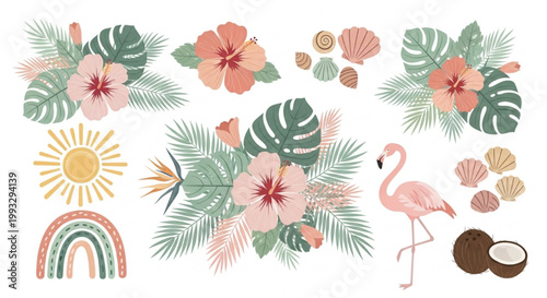 Boho Tropical Floral Vector Illustration Set with Monstera Leaves, Hibiscus Flowers, Palm Leaves, Flamingo, Shells and Pastel Beach Elements