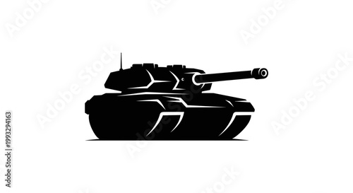 Black silhouette of a military battle tank on white background flat illustration