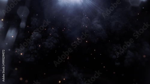 Golden sparks drift through dark mystical smoke with cinematic light rays