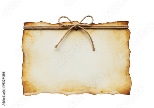 Vintage parchment paper with ribbon tie isolated on transparent background