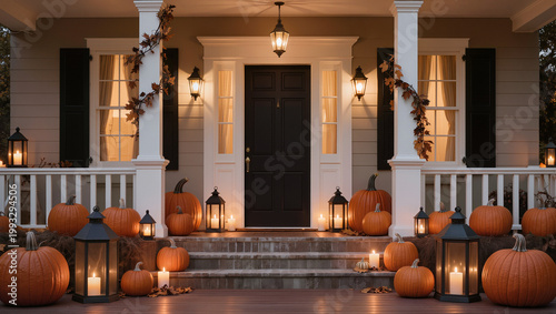 traditional american house front porch decorated with orange pumpkins lanterns candles and autumn leaves at dusk halloween thanksgiving fall home decor