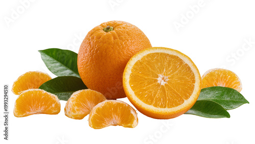 Konstfotografi Fresh ripe oranges with segments and green leaves arrangement