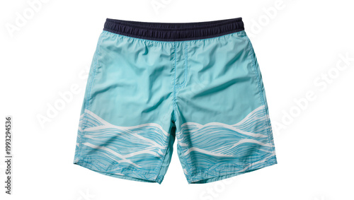 Turquoise Swim Shorts with White Wave Pattern and Dark Blue Drawstring