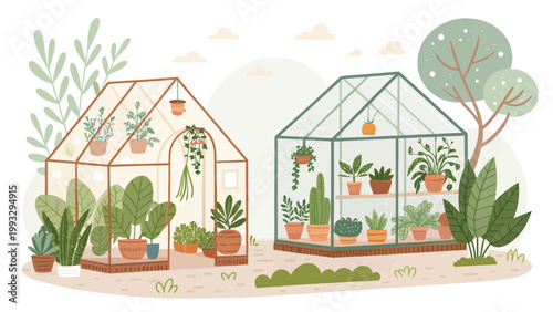 Illustration of two charming greenhouses filled with a variety of potted plants and lush greenery in a whimsical garden setting