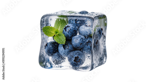 Frozen Blueberry Mint Cube with Water Bubbles and Icy Texture