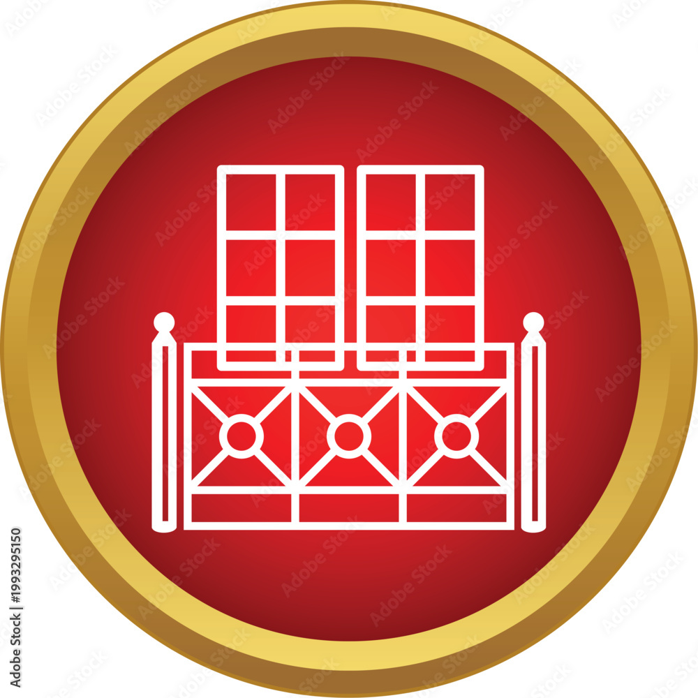 Fototapeta premium Balcony railing and windows line drawing on a vibrant red background with gold border