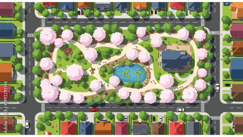 Aerial View: Suburban Neighborhood Park with Cherry Blossoms, Pond, and Houses | Real Estate Development Planning