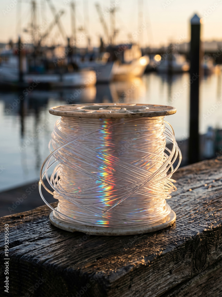 Fototapeta premium Spool of iridescent fluorocarbon fishing line on a wooden dock