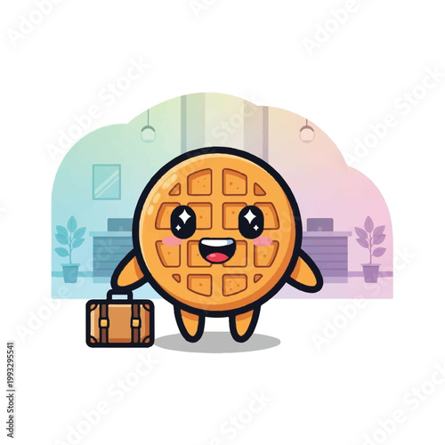 Cute Waffle Character Traveling with Suitcase.