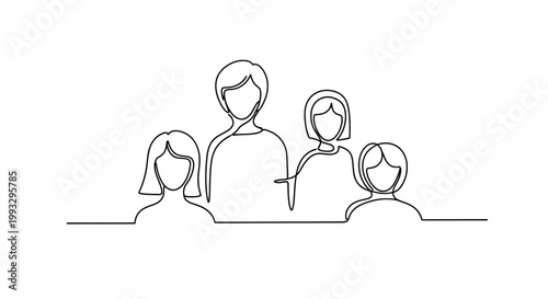 Continuous line drawing of a happy family of four, simple, minimalist, vector illustration