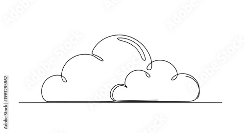 Minimalist single line drawing of two fluffy clouds on a horizon line, simple art