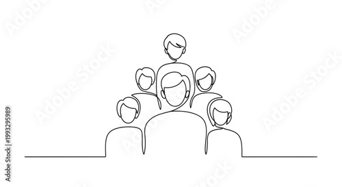 Teamwork leadership concept, group of people in continuous line art, leader on top