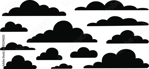 An assortment of black cloud figures presented as silhouettes on a clear white plane