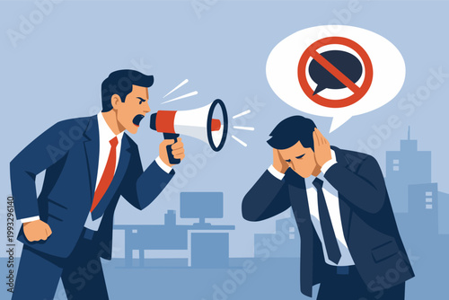 Angry boss shouting through megaphone at stressed employee covering ears, forbidden speech bubble symbol representing censorship, silencing, workplace harassment, and toxic corporate culture.