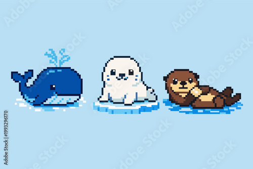 Cute pixel art animals featuring a blue whale, white seal pup on ice, and a brown sea otter floating. Retro 8-bit style flat vector illustration for gaming assets and creative design projects.