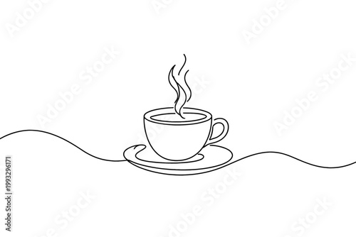 Minimalist Continuous Line Drawing of a Steaming Coffee Cup on a Saucer with an Undulating Horizontal Line, Elegant Black and White Vector Illustration of a Hot Beverage Mug for Cafe Branding