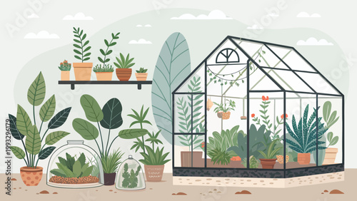 Greenhouse with various potted plants, succulents, and terrariums in a flat vector illustration style for gardening and botanical home decor concepts