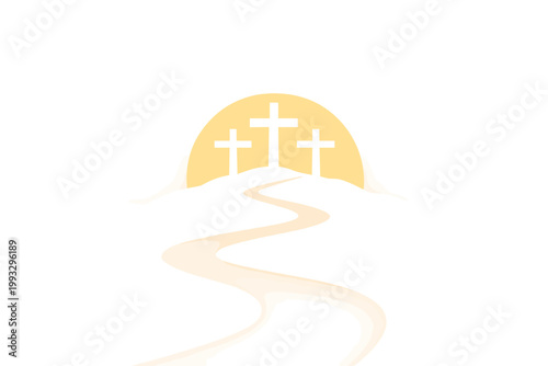 Dramatic Silhouette of Three Crosses on a Hill with a Winding Path Leading to a Golden Sun, Simple Flat Vector Illustration for Easter, Good Friday, Christian Faith, and Spiritual Journey Theme