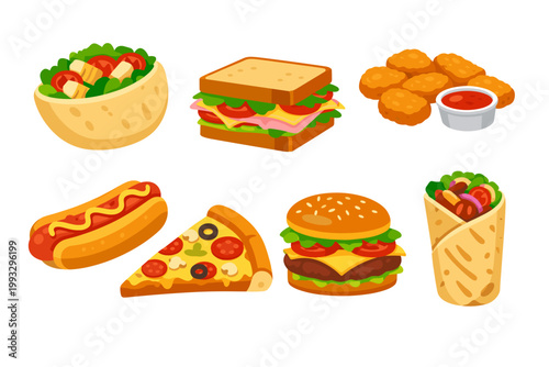Set of Various Fast Food Icons Including Pita Bread Salad, Club Sandwich, Crispy Chicken Nuggets with Sauce, Hot Dog with Mustard, Pizza Slice, Juicy Cheeseburger, and Burrito Wrap Vector Design