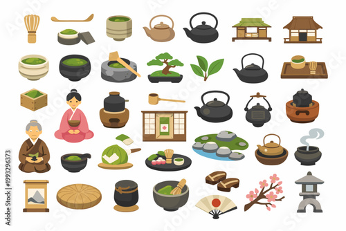Japanese Tea Ceremony Icon Set Featuring 36 Flat Vector Icons of Matcha Whisks, Teapots, Chawan Bowls, Green Tea, Kimono, Bonsai, Zen Garden, Tea House, Cherry Blossoms, and Traditional Culture Art