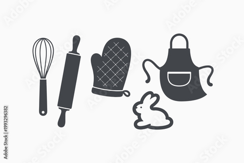 Kitchen Utensil and Baking Tools Icon Set Featuring a Whisk, Rolling Pin, Oven Mitt, Apron, and Rabbit Cookie Cutter Silhouette for Cooking, Pastry Making, and Homemade Easter Treats Preparation.