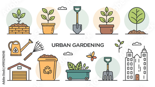 Urban gardening icons set with plants, gardening tools, watering can, rake, shovel, flower pots, compost bin, butterfly and city buildings
