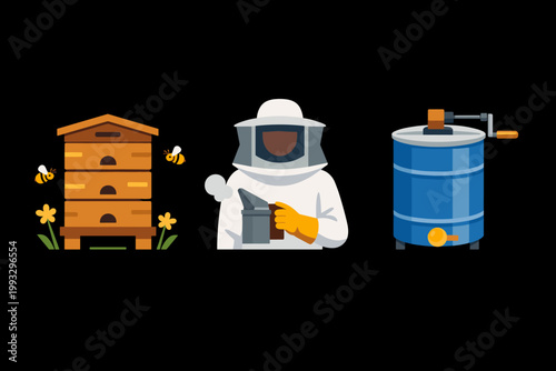Flat vector illustration set of beekeeping equipment featuring a wooden beehive with flying honey bees, a professional beekeeper in a white protective suit with a smoker, and a honey extractor.