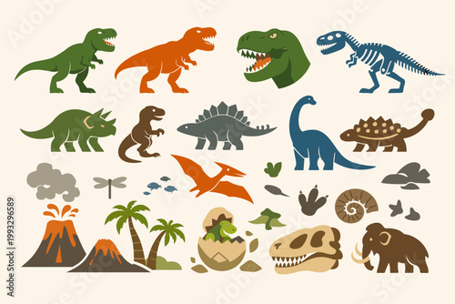 Prehistoric Dinosaur Flat Vector Icon Set with T-Rex Silhouettes, Fossils, Skeletons, Volcanoes, and Ancient Creatures Including Mammoth, Pterodactyl, Stegosaurus, Triceratops, and Brachiosaurus.